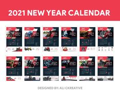 the 2021 new year calendar is shown with red and black designs on it, along with an image of a motorcycle