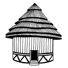 a black and white drawing of a hut