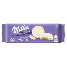 milka chocolate wafer cookies with white frosting on the top and purple wrapper