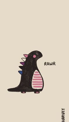 a drawing of a black dinosaur with pink and blue spikes on it's head