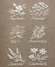 embroidered flowers on linen with words written in small white letters and the names of each flower