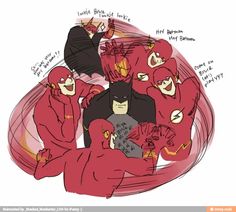 an image of the flash and batman characters in red costumes with their names written on them