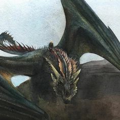 a painting of a dragon with its mouth open and wings spread out, sitting on top of a rock