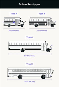 the different types of school buses are shown in blue and white, as well as their names