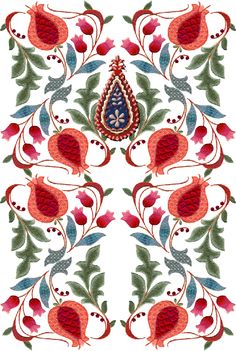 an ornate design with red and blue flowers on white background, in the shape of a flower