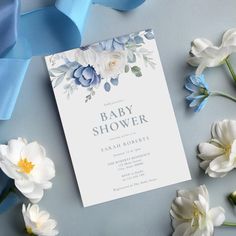 Elegant Dusty Blue Floral Winter Baby Shower Invitation