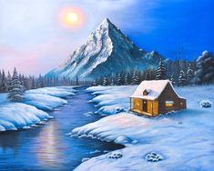 a painting of a cabin in the middle of a snowy landscape with a stream running through it