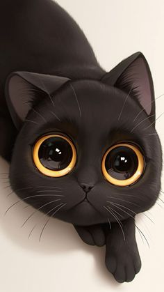 a black cat with yellow eyes laying down