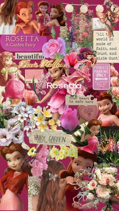 a collage of princesses, flowers and other things in pink tones with the words rosetta on it