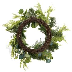 a wreath with green leaves and greenery