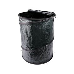 a large black trash can sitting on top of a white floor