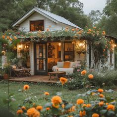 a small white house with orange flowers in the front yard and lights on it's windows