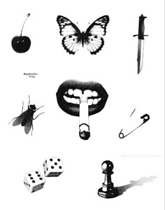 black and white drawing of various objects including dices, butterflies, keys, and other items