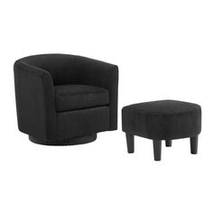 a black chair and ottoman sitting next to each other