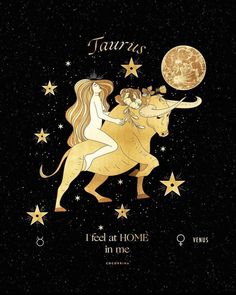 a zodiac sign with two women riding on the back of a horse and stars in the background