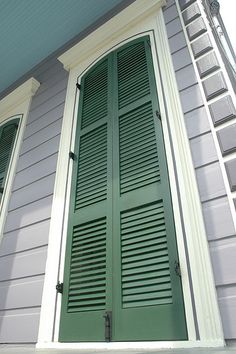 a cat is sitting on the step outside of a house with shutters and green doors