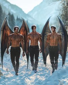 three men with wings walking in the snow