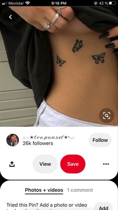 the back of a woman's stomach with butterflies tattooed on her side and an instagram