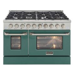 a green stove with two ovens on it