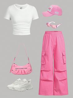 Hot Pink Casual Collar   Plain  Embellished Non-Stretch  Women Clothing Cute Middle School Outfits, Preppy Outfits For School, Preppy Summer Outfits, Cute Dress Outfits, Cruise Outfits, Traje Casual