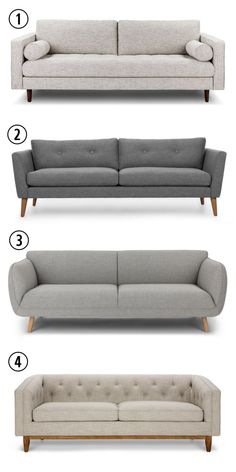 four different types of couches with the names below them and description on each side