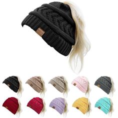 women's winter knitted beanie hat with long hair in various colors and sizes