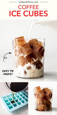 coffee ice cubes are being poured into a glass with the words easy to make