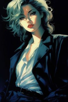 a painting of a woman with blonde hair wearing a black jacket and white shirt,