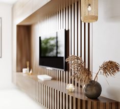 a television on a wooden shelf in a living room