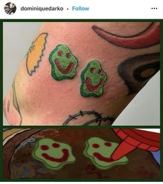 two pictures, one with tattoos and the other with faces painted on their legs in different colors