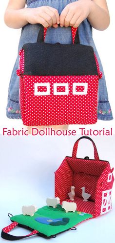 Fabric Toys Diy, Dollhouse Purse, Bag Free Sewing Pattern, Fabric Dollhouse, Felt Doll House, Travel Dollhouse, Fabric Doll House, Toy Barn, Dollhouse Tutorials