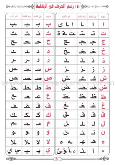 an arabic alphabet with many different letters and numbers in red, black and white colors