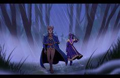 two people walking in the rain with horns on their head and capes over their heads