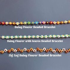 three flower beaded bracelets with different colors and sizes on the side, one is multicolored