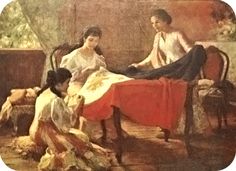 two women and a child sitting on a bed in a room next to each other