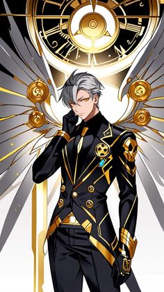 an anime character with silver hair and black clothes standing in front of a golden clock