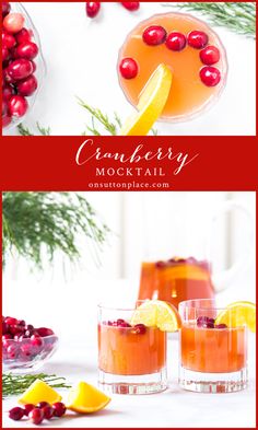 cranberry cocktail in glasses with lemon wedges and cranberries on the side