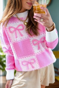 Bow Round Neck Long Sleeve Sweater - Sydney So Sweet Colorful Pullover, Valentines Day Fashion, Sweater Bow, 2025 Style, Unique Bows, Holiday 2024, Loungewear Fashion, Bow Print, Formal Cocktail Dress