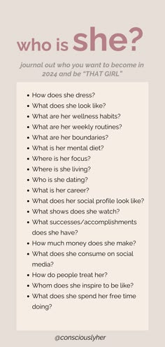 Who is she? Step into your power and manifest the woman you've always dreamed of becoming. Embark on a journey of self-discovery with journal prompts designed to unlock your full potential and ignite personal growth. Embrace the opportunity to shape your identity and embody the empowered woman within. Best Self Journal Prompts, Person Journaling Aesthetic, Self Care Diary, Self Identity Questions, Who Is She Questions, Self Improvement Personal Development Questions, Ideal Self Journal Prompts, Alter Ego Journal Prompts, Femininity Journal Prompts