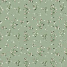 a green background with small pink and white flowers on the left side of the image