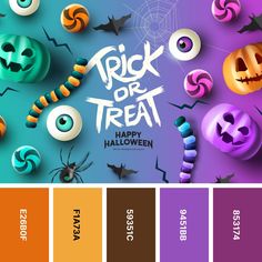 halloween poster with pumpkins, bats and spider web on purple background for trick or treat