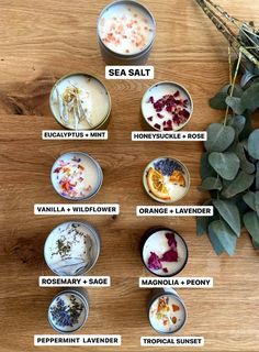 an assortment of different types of flowers in small dishes on a wooden table with text overlay that says sea salt