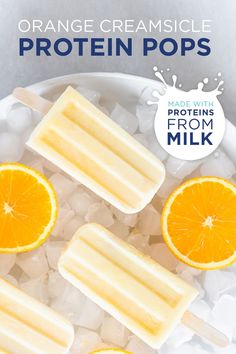 orange creamsice protein pops on top of ice