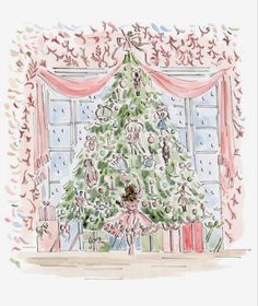 a drawing of a christmas tree in front of a window