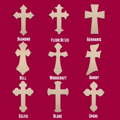 the different types of crosses are shown in white on a red background, with words below them