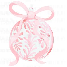 a pink christmas ornament with a bow on it's neck and leaves