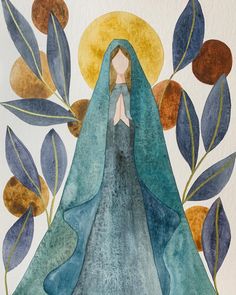 a watercolor painting of the virgin mary surrounded by leaves