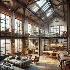 an industrial loft with exposed brick walls and large windows