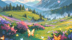 a painting of flowers and butterflies in the mountains