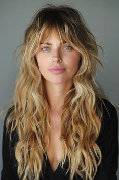 29 Long Layered Hair With Curtain Bangs Styles That Turn Heads - Pinch Of Glam Long Blonde Shag With Curtain Bangs, Shag Haircut Long Hair Curtain Bangs, 2024 Haircut Long, Long Hair Bangs Curly, Shag Haircuts Long Hair, Long Layers Haircut Fine Hair, 70s Shag Long Hair, Witchy Blonde Hair, Shaggy Long Blonde Hair